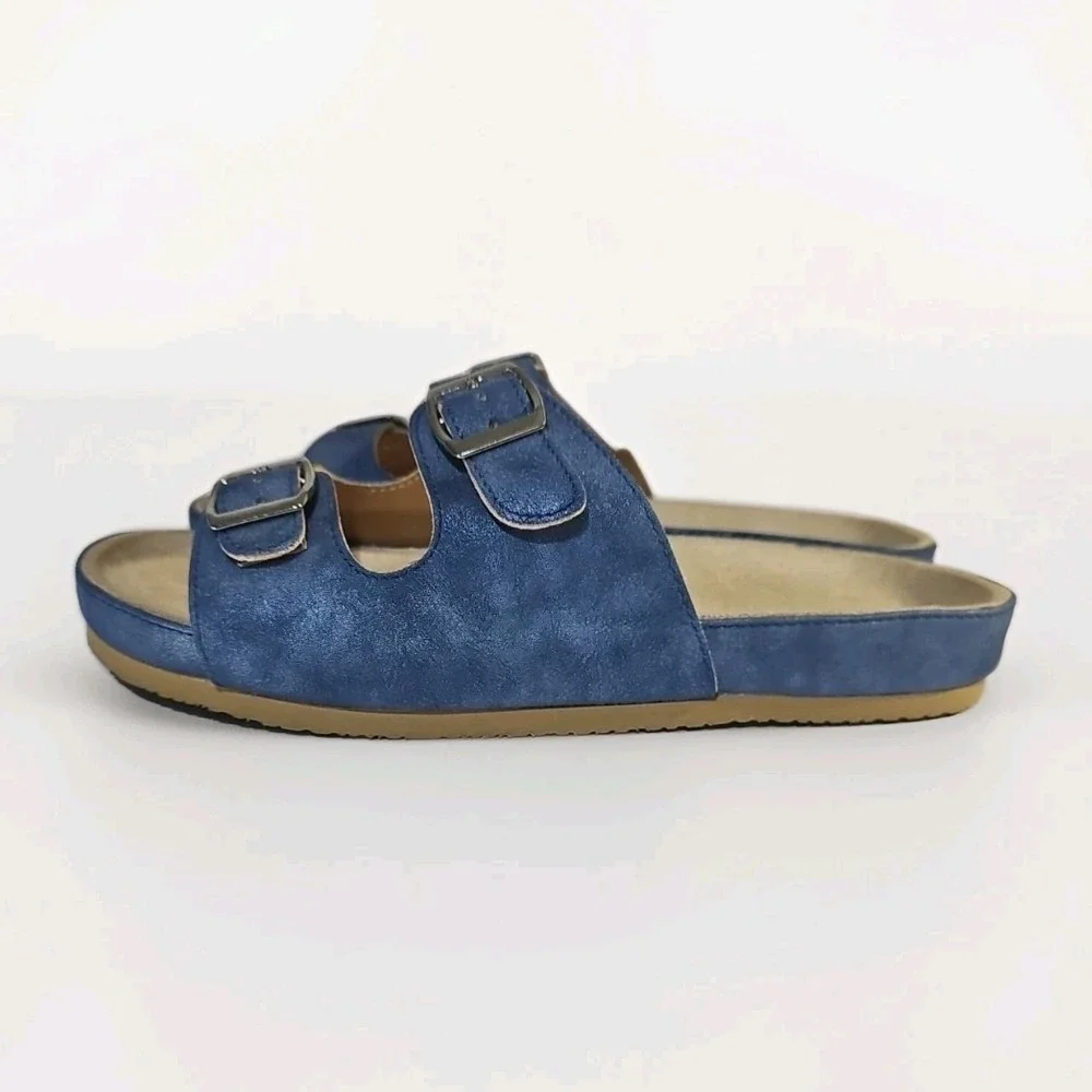 Comfortview‎ Slide Sandals Womens 8w Blue Double Strap Adjustable Buckle Flat